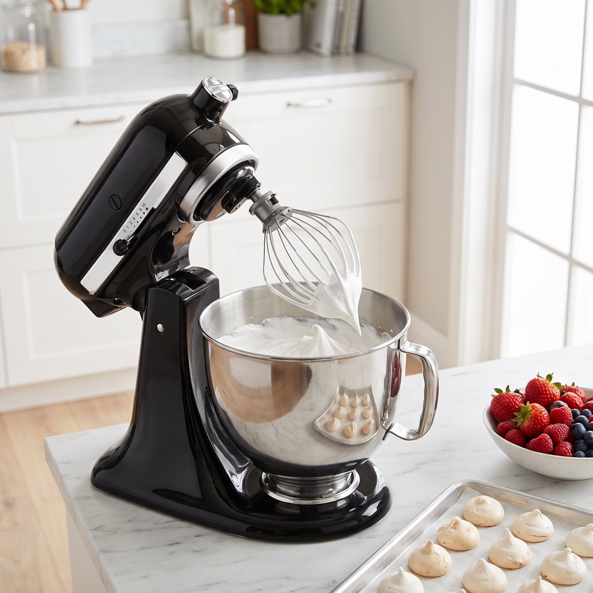 Svart KitchenAid Artisan med fällbart huvud vispar maräng i stålskålen på en marmorbänk i ett ljust svenskt kök