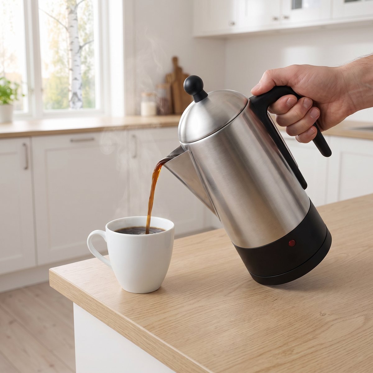 C3 perkulator i borstat stål som häller upp kaffe i en vit kopp i ett svenskt kök