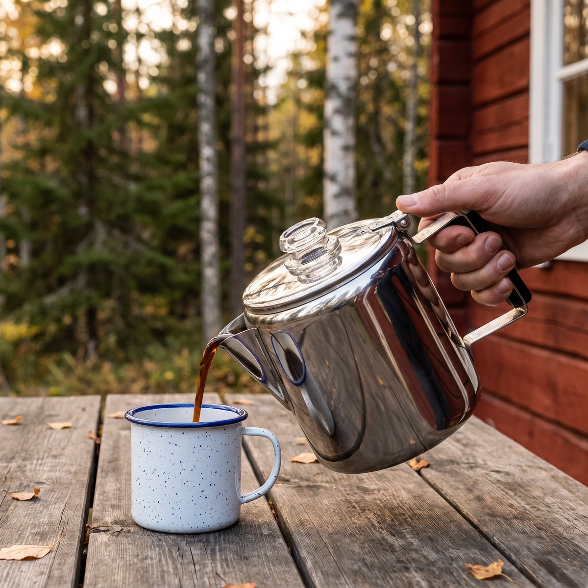 IFISH perkulator i rostfritt stål som häller upp kaffe på en stugaltan i svensk skog