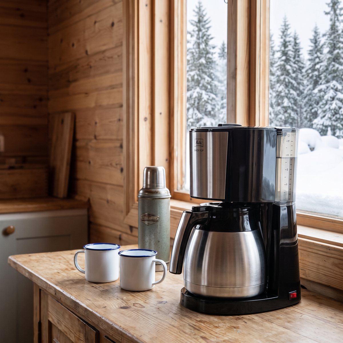 Melitta Enjoy Top Therm kaffebryggare i ett svenskt stugkök med utsikt mot granskog