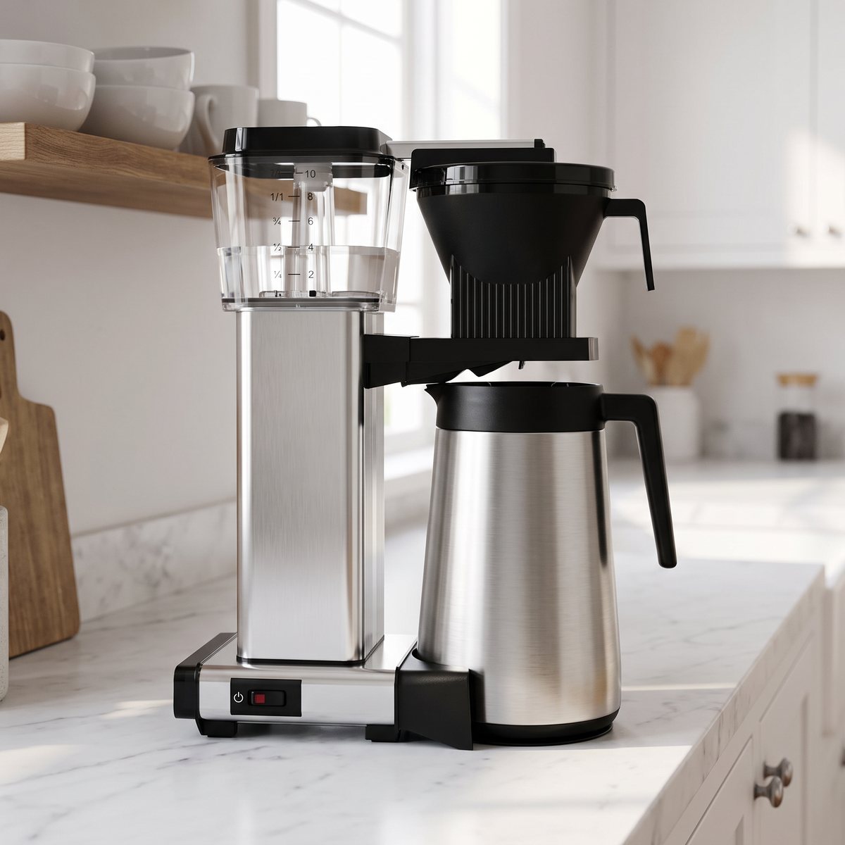 Moccamaster Automatic Thermo kaffebryggare i borstad aluminium med termoskanna på en marmorbänk i ett svenskt kök