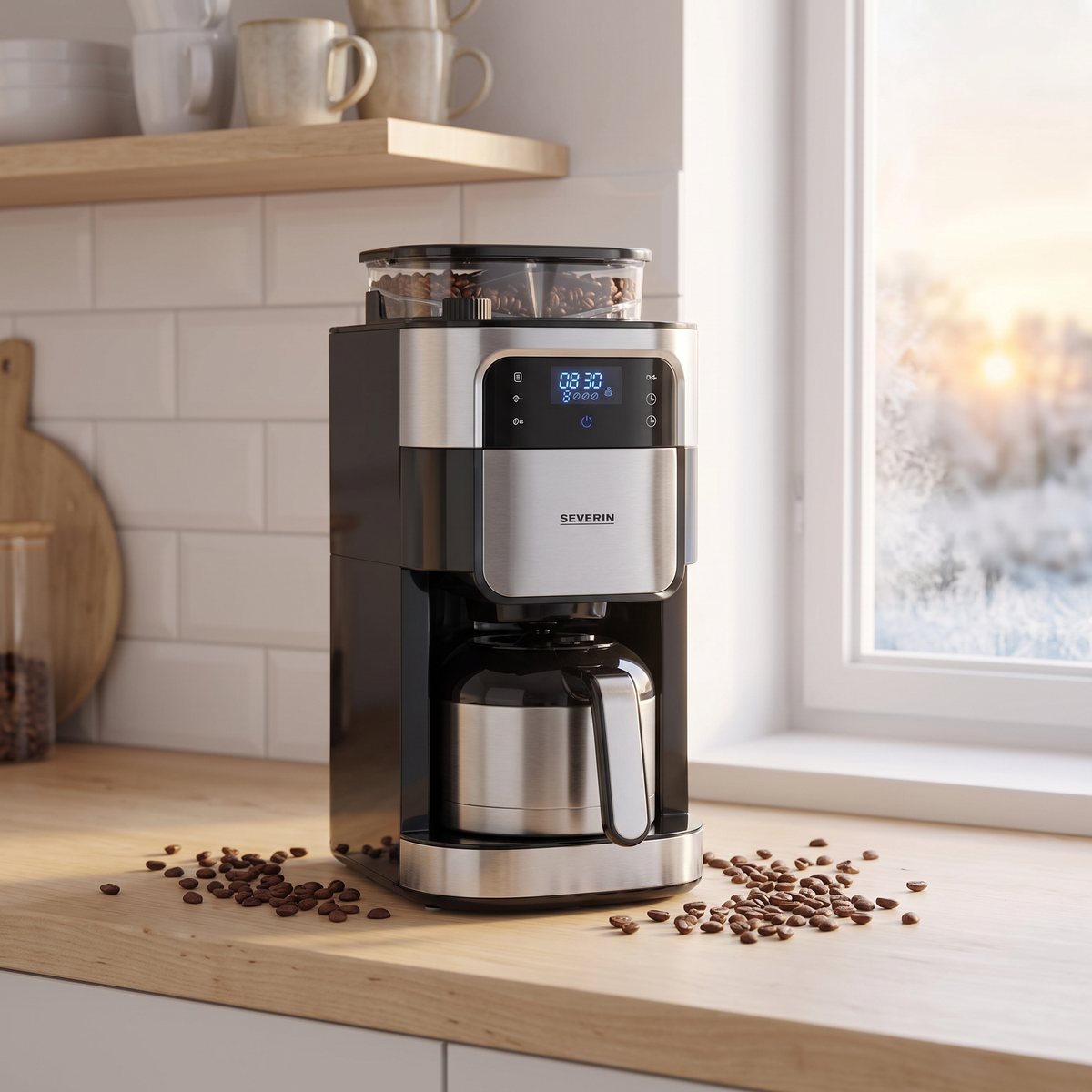Severin termosbryggare med kvarn och hela kaffebönor på en köksbänk i ett svenskt hem