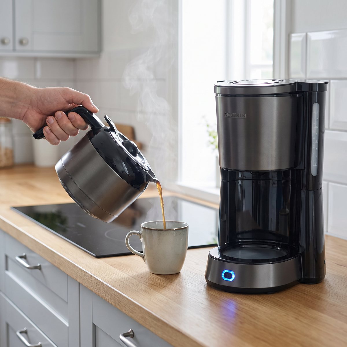 Severin termosbryggare i antracit där kaffe hälls upp ur termoskannan i ett svenskt kök