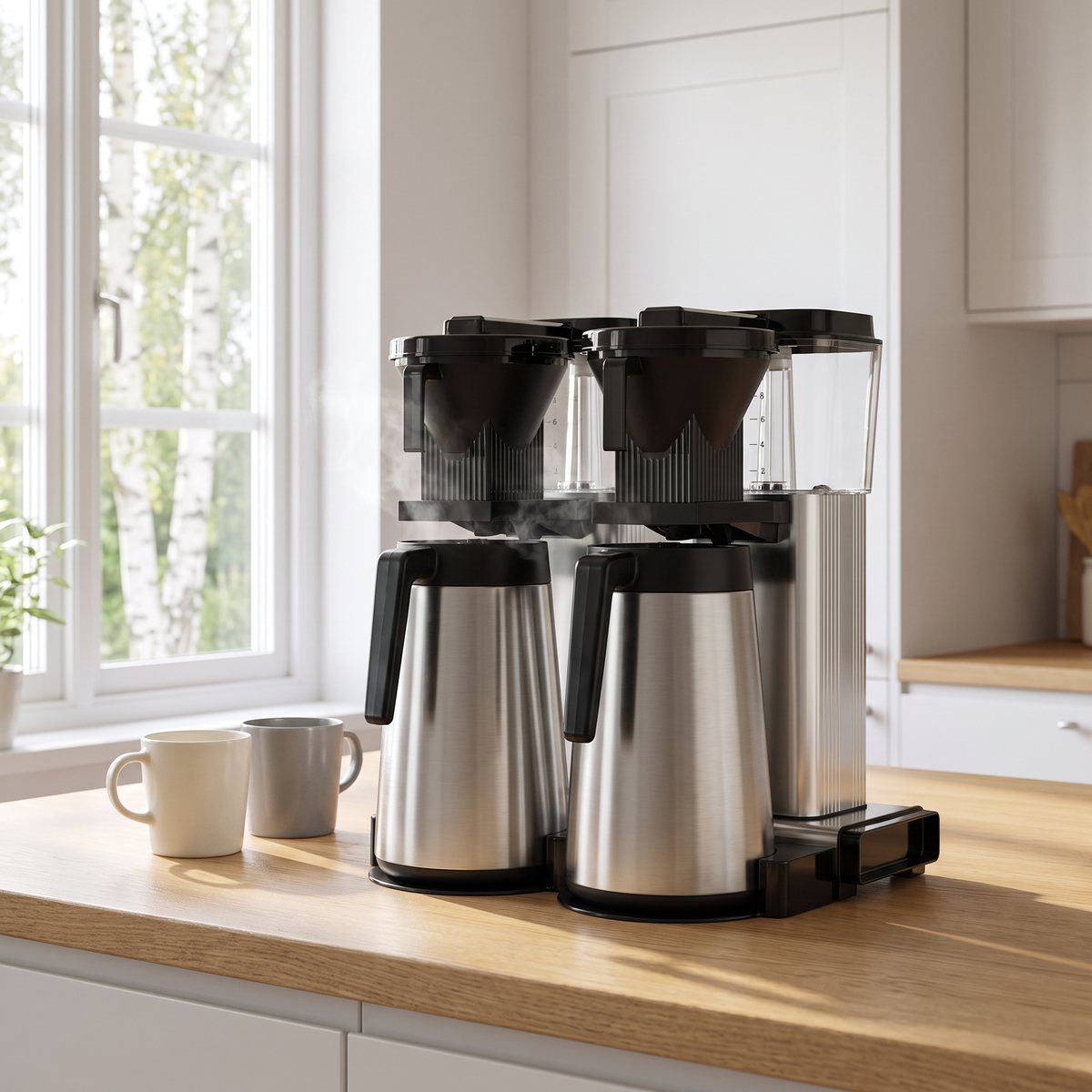 Dubbel kaffebryggare med två termoskannor i borstat stål på en köksbänk av ek i ett svenskt kök med björkar utanför fönstret