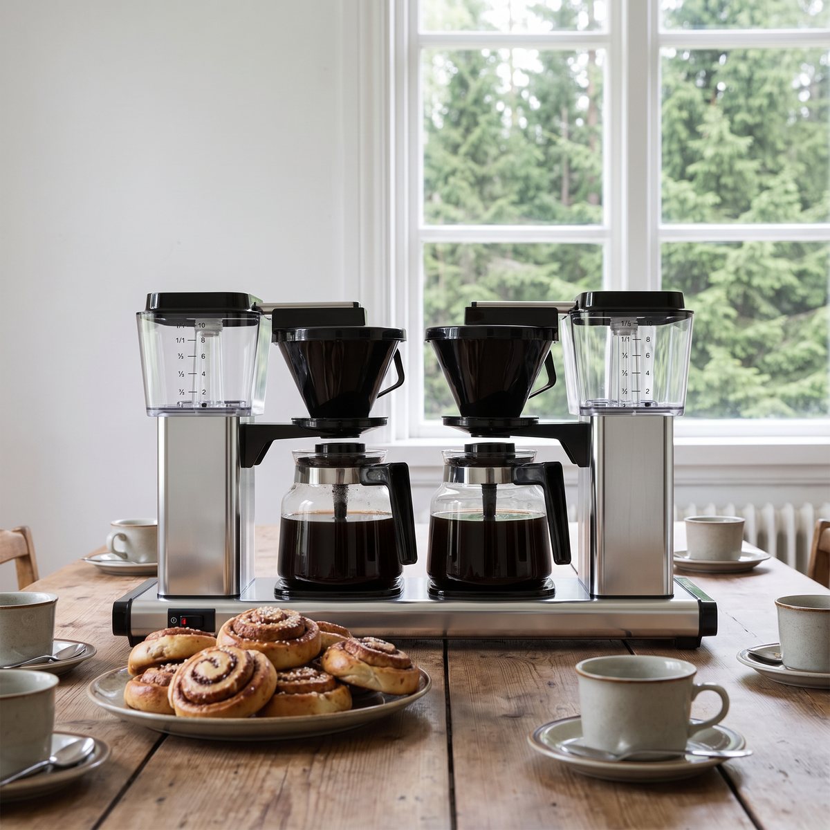 Dubbel kaffebryggare i polerat stål med två glaskannor på ett träbord med kanelbullar och koppar framför ett fönster med granar