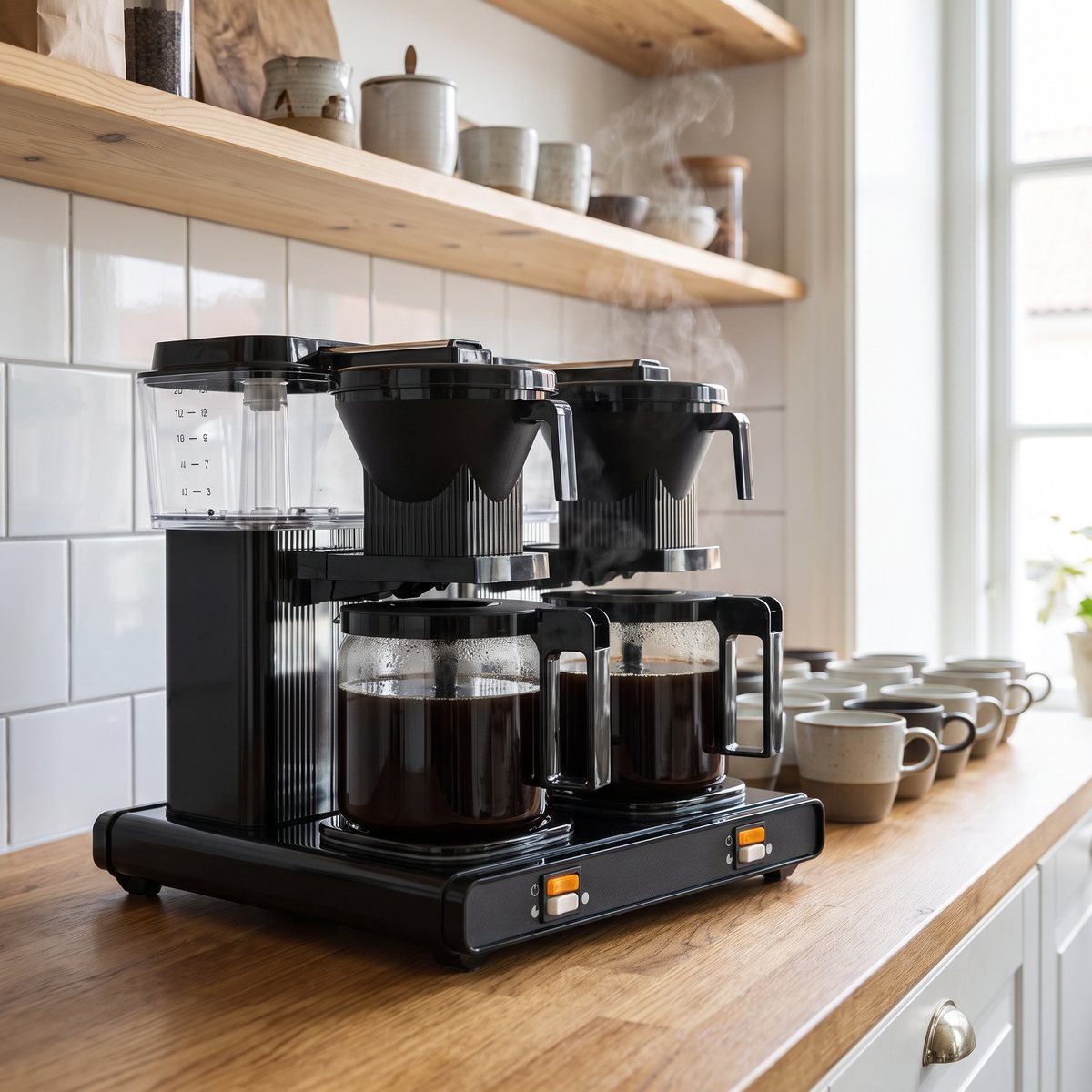 Svart dubbel kaffebryggare med två glaskannor fulla av kaffe och en rad koppar på en träbänk i ett svenskt kök