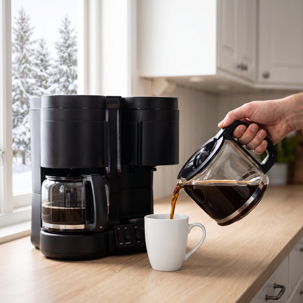 Hand som häller kaffe från en glaskanna till en vit mugg bredvid en svart dubbel kaffebryggare i ett svenskt kök en vinterdag