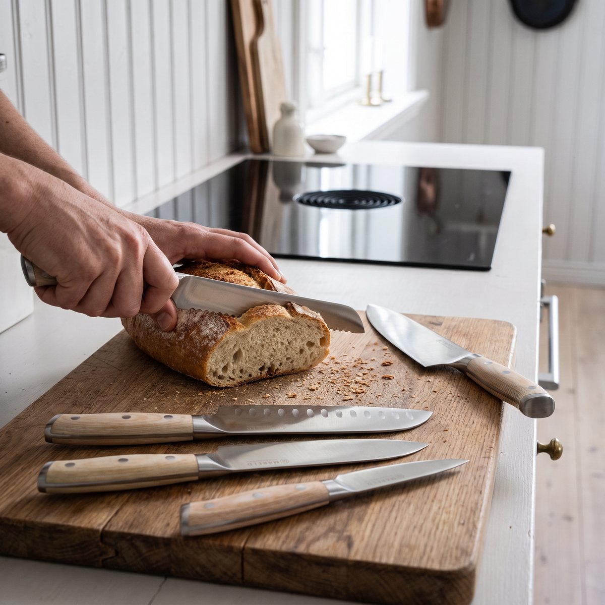 Mareld knivset med ljusa träskaft där brödkniven skär ett bröd i svenskt lanthemskök