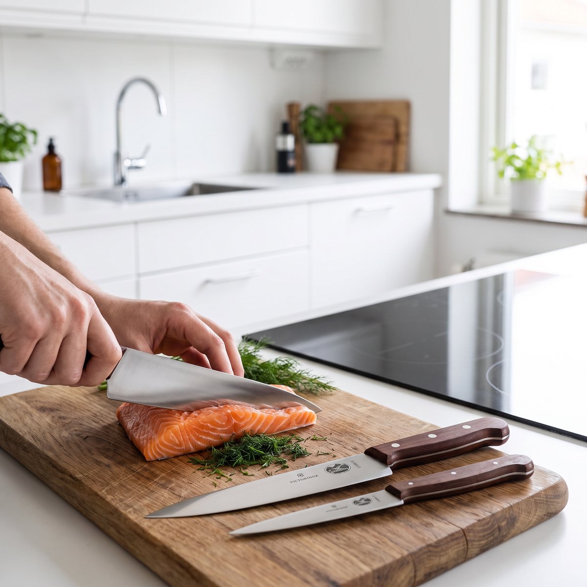 Victorinox knivset med träskaft där kockkniven skär laxfilé i svenskt kök
