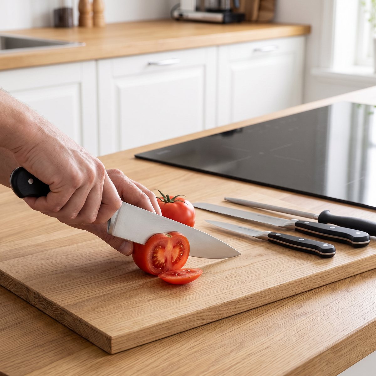 Wüsthof Classic knivset med kockkniv som skär tomat på skärbräda i svenskt kök