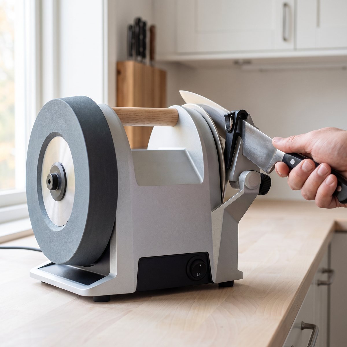 Tormek T-1 slipmaskin på en ljus bänkskiva i ett svenskt kök, en kockkniv ligger i vinkelstyrningen