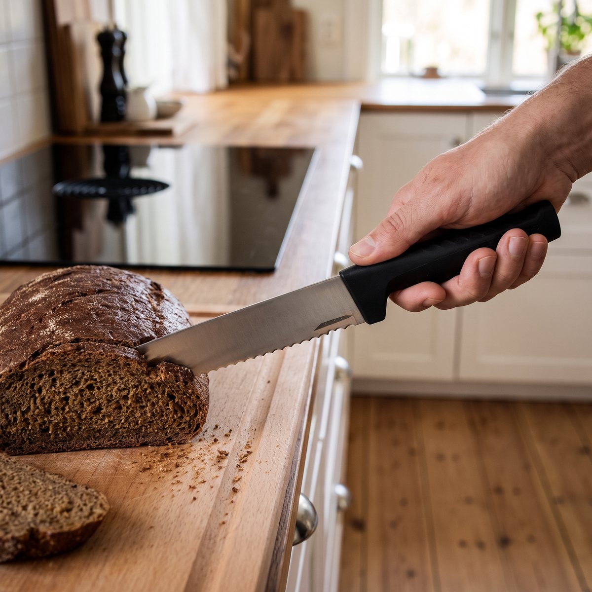 Fiskars Hard Edge brödkniv som skär en mörk rågbrödslimpa i ett svenskt kök med trähäll och vita luckor