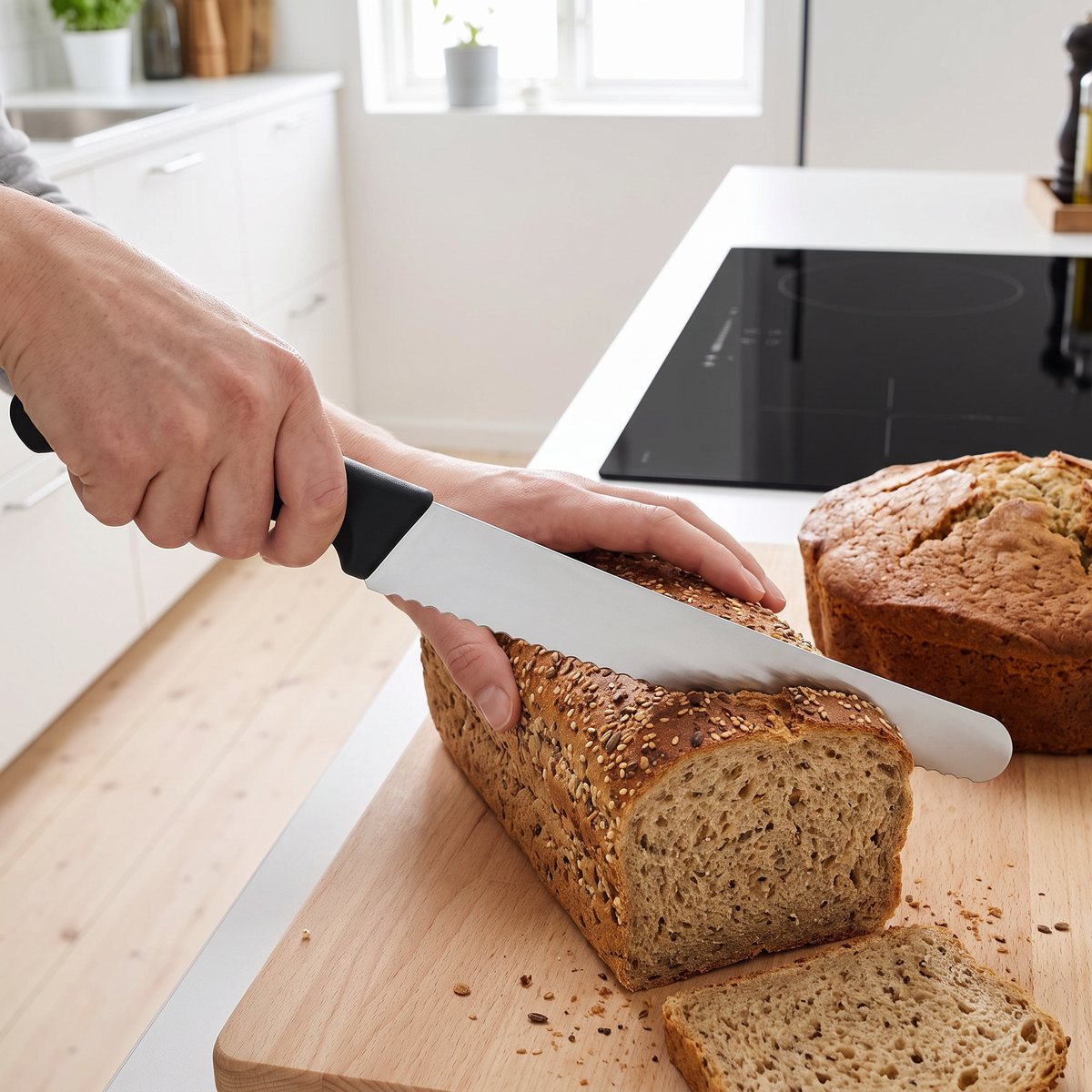 Victorinox Swiss Modern brödkniv som skär ett långt fröbröd i ett ljust svenskt kök med induktionshäll