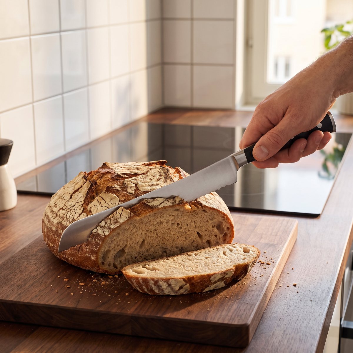 Wüsthof Classic Ikon brödkniv som skär en rund lantlimpa på en nötträskärbräda i ett svenskt kök med induktionshäll