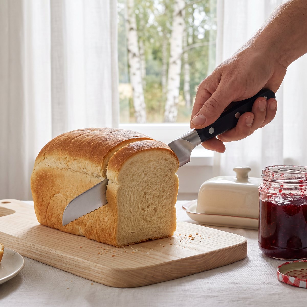 Zwilling Pro brödkniv som skivar ett formbröd på en ljus träskärbräda vid ett svenskt frukostbord