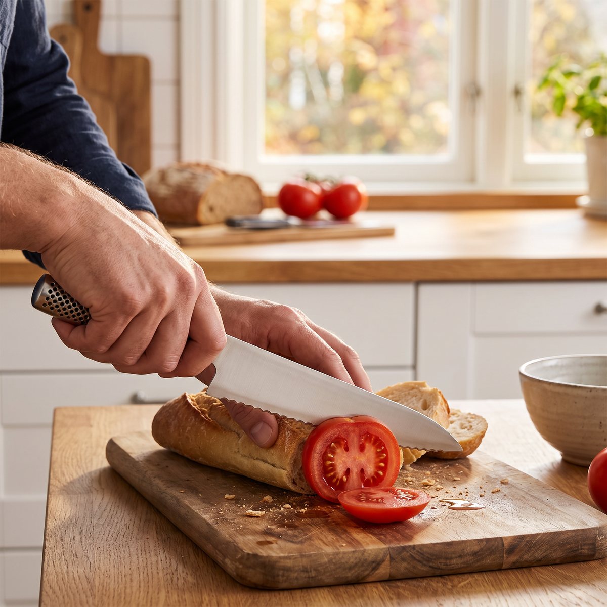 Global G-22L tandad kockkniv för vänsterhänta som skär tomater och baguette i ett svenskt kök