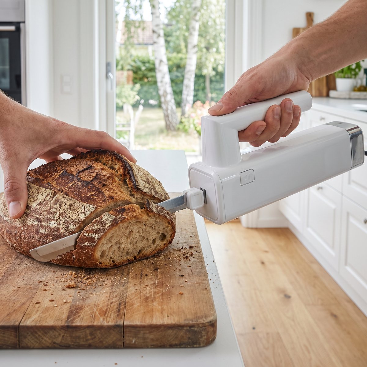 Vit Graef EK 501 elektrisk kniv som skär en mörk surdegslimpa på en träskärbräda i ett svenskt kök