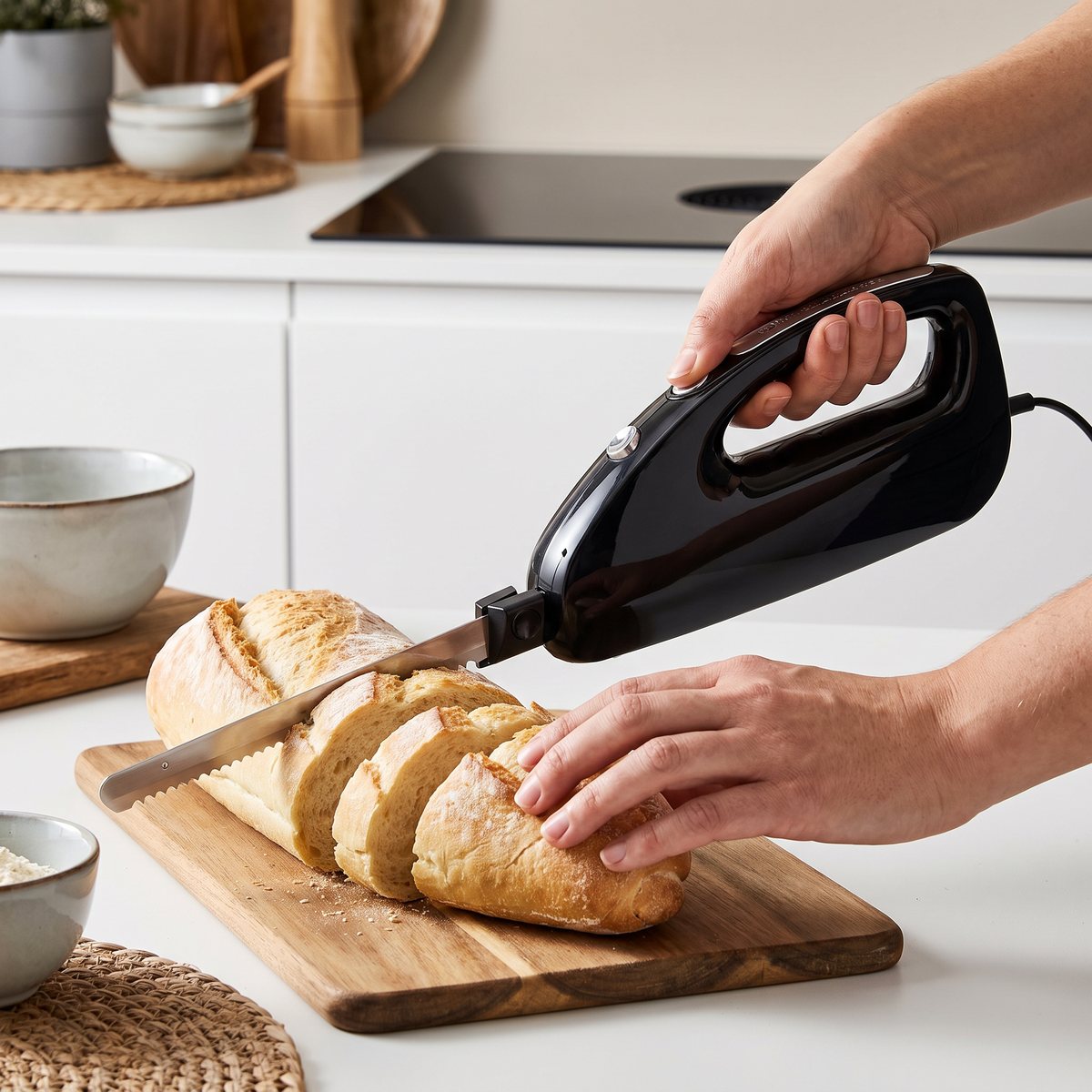 Svart Rommelsbacher EM 150 elektrisk kniv som skär ett vitt bröd på en träskärbräda i ett svenskt kök med induktionshäll
