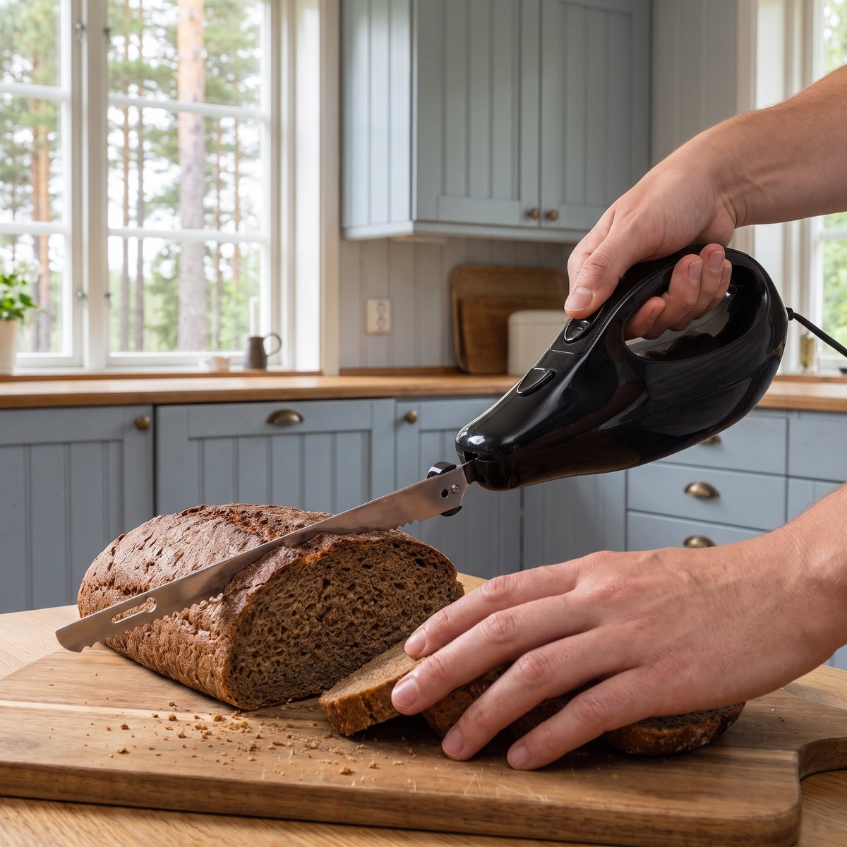 Svart Tristar EM-2107 elektrisk kniv som skär ett rågbröd i ett svenskt sommarkök