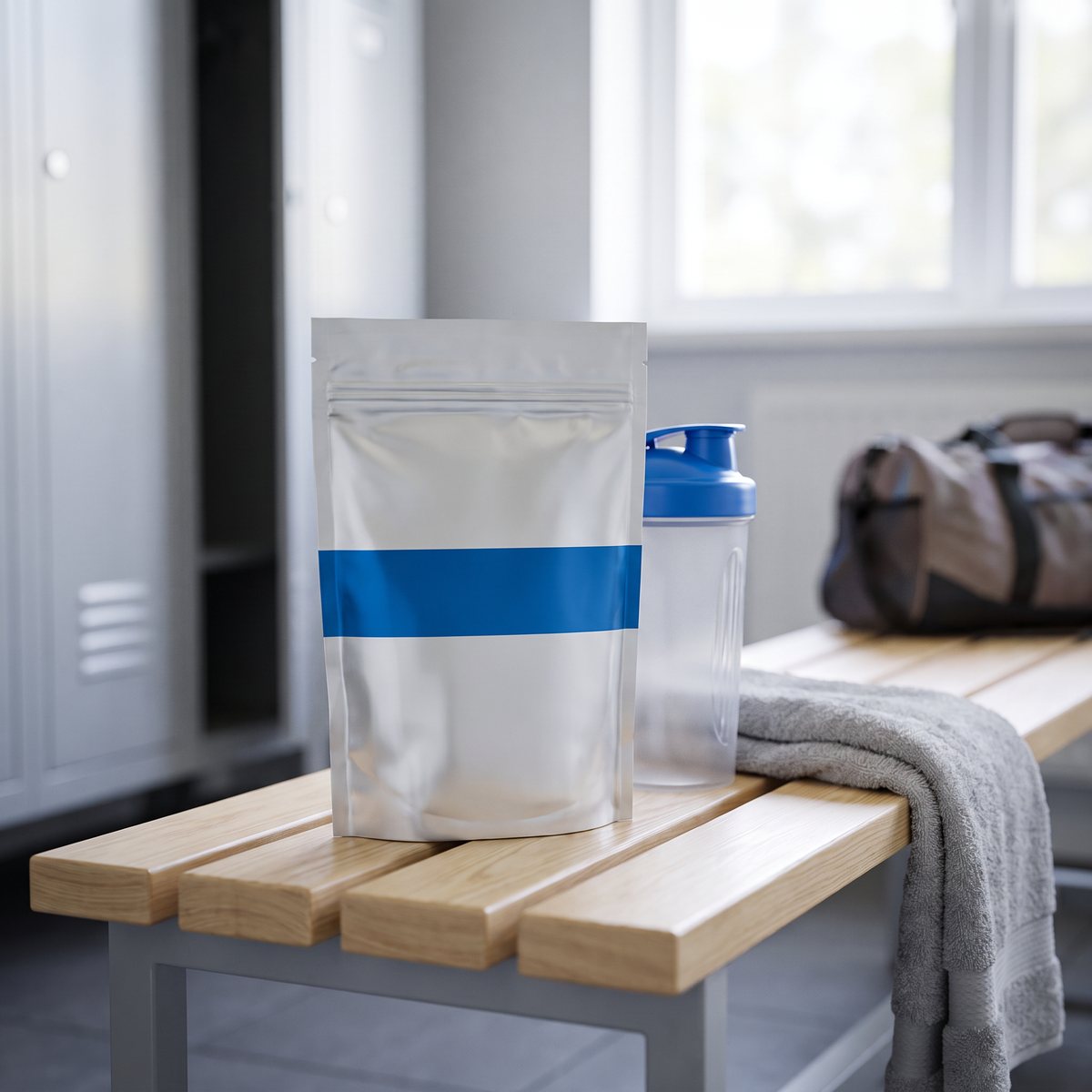 Påse med glutaminpulver på en träbänk i ett svenskt omklädningsrum bredvid shaker och handduk