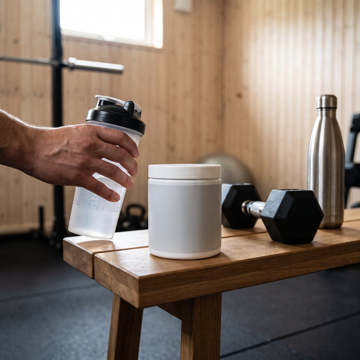 Vit burk med glutaminpulver på en bänk i ett svenskt hemmagym med shaker och hantlar