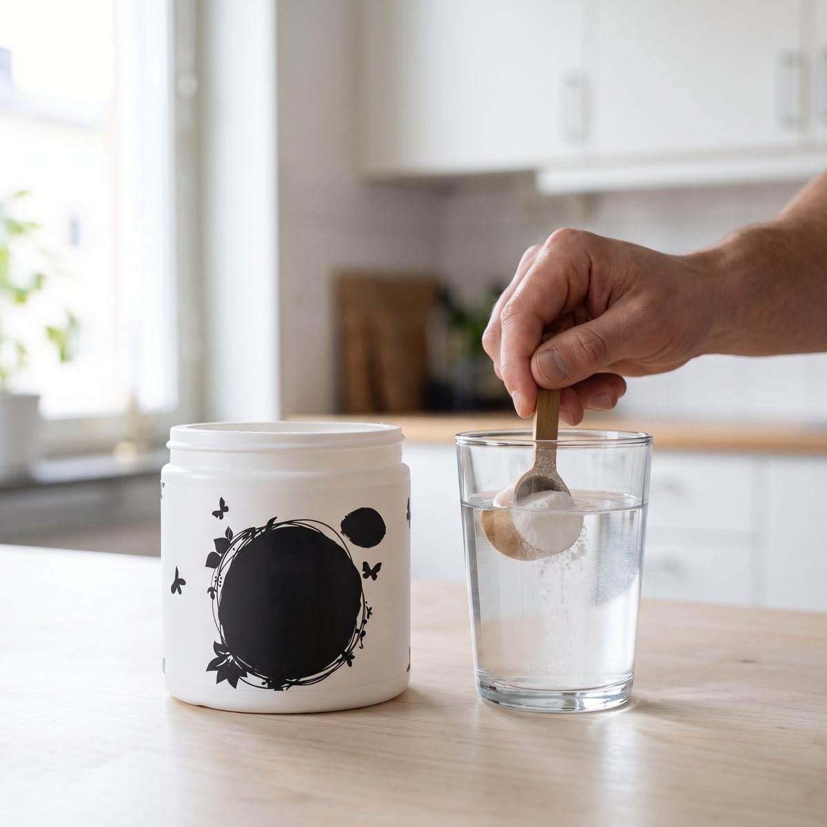 Burk med glutaminpulver och en sked som rörs ner i ett vattenglas på en köksbänk i ett svenskt kök