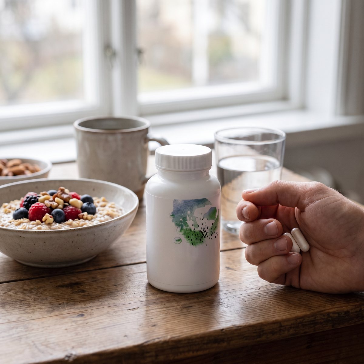 Vit kapselburk på ett svenskt frukostbord vid ett fönster med vattenglas och havregrynsgröt, en hand håller två kapslar