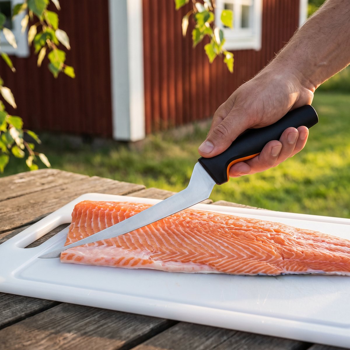 Fiskars Functional Form filékniv med svart och orange handtag som filéar lax på ett trädgårdsbord vid en röd stuga
