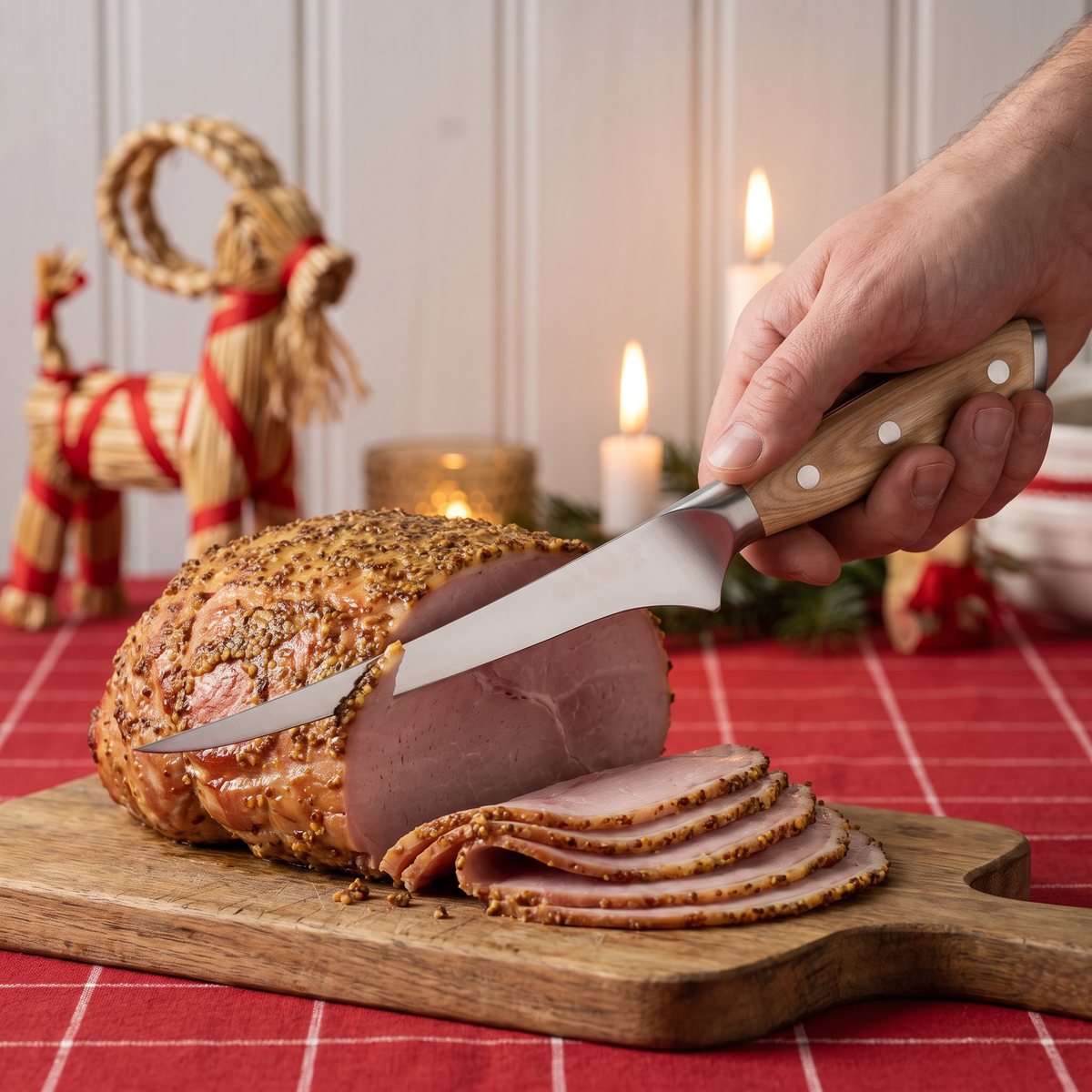 Mareld filékniv med handtag i ljust pakkaträ som skivar julskinka på ett julbord med halmbock och levande ljus