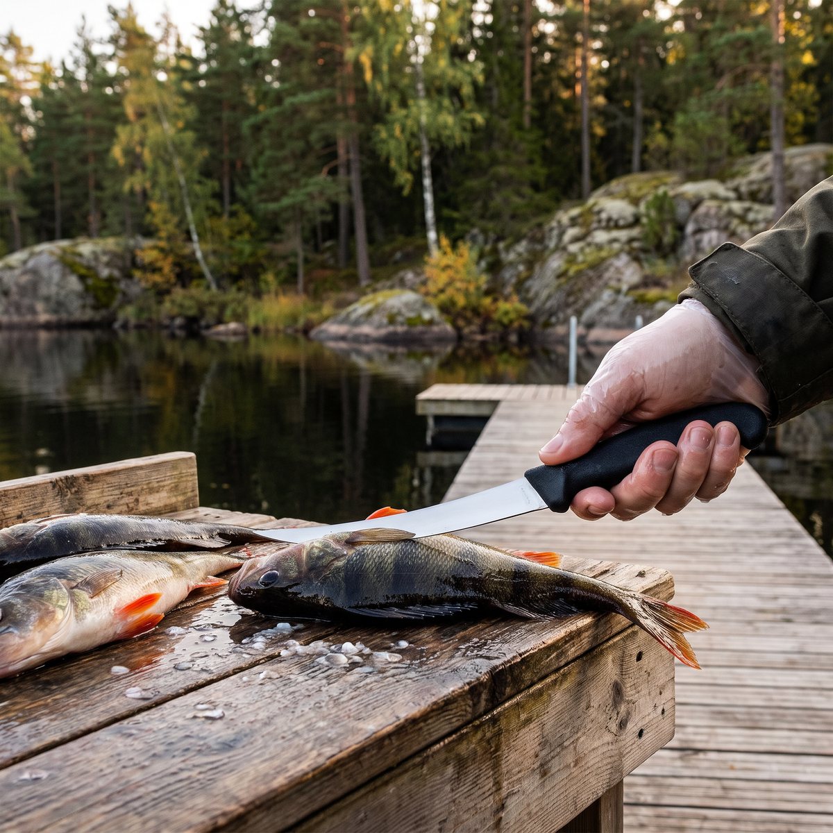 Victorinox filékniv med svart Fibroxhandtag vid en rensbänk på en brygga vid en svensk skogssjö med nyfångad abborre
