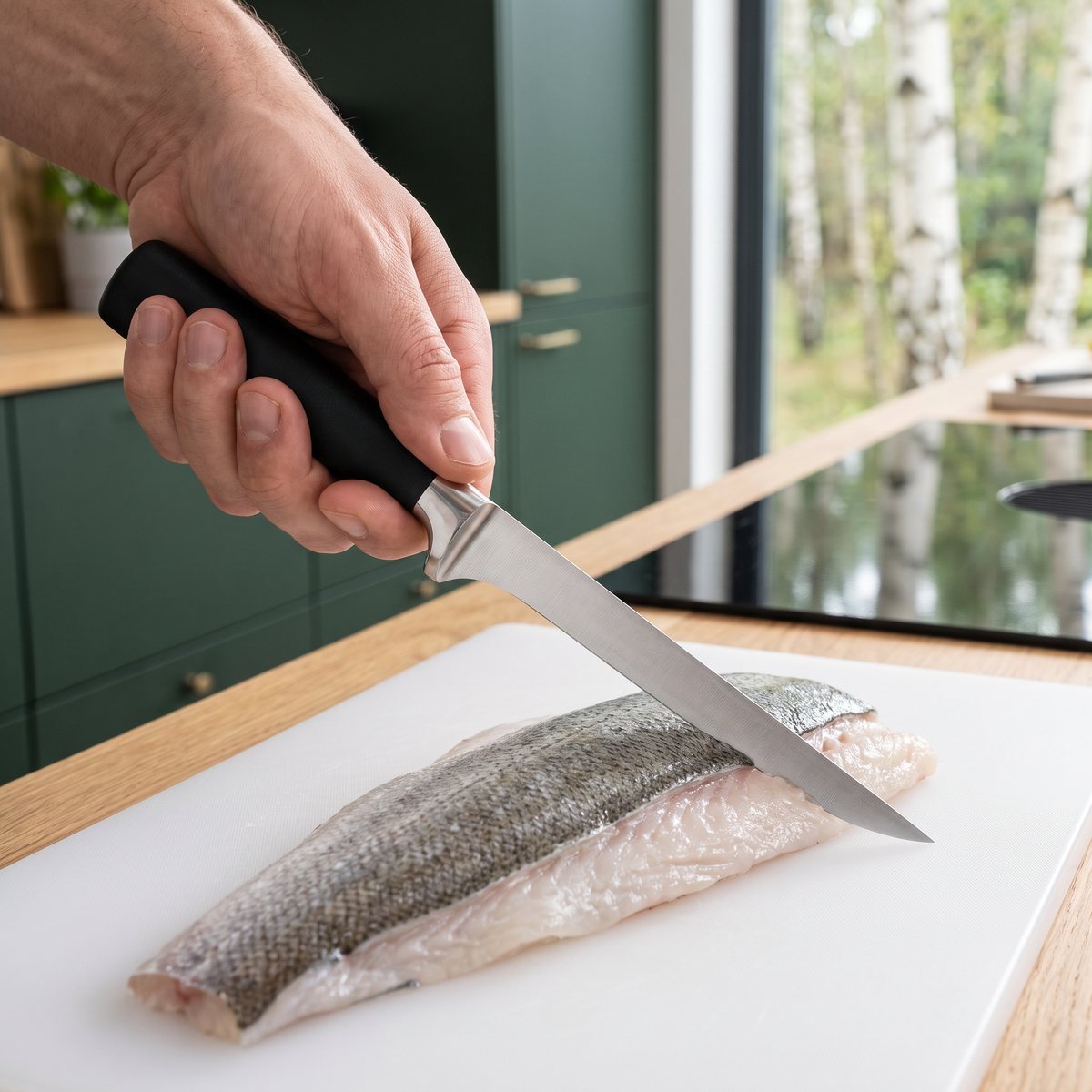 Zwilling Four Star filékniv med svart plasthandtag som skär en fiskfilé på en vit skärbräda i ett svenskt kök med gröna luckor