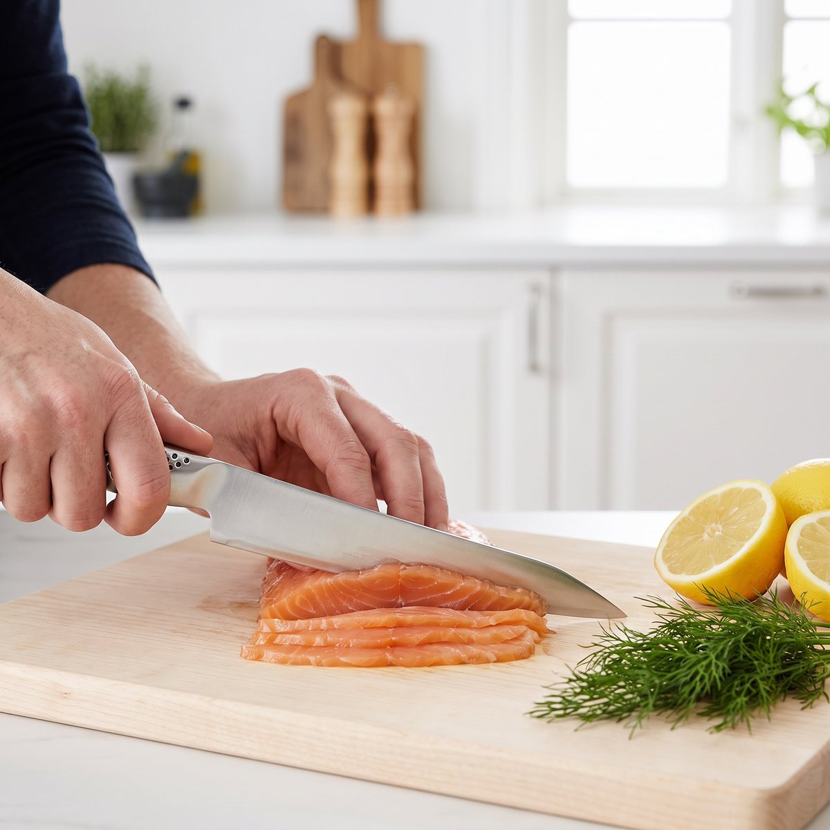 Global NI GNM-12 skär tunna skivor gravad lax på en träskärbräda i ett svenskt kök