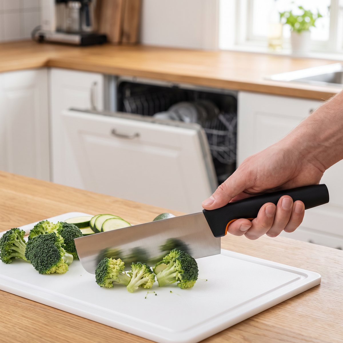 Fiskars Functional Form Nakiri med brett stålblad och svart handtag hackar broccoli på en vit skärbräda i ett svenskt familjekök med öppen diskmaskin