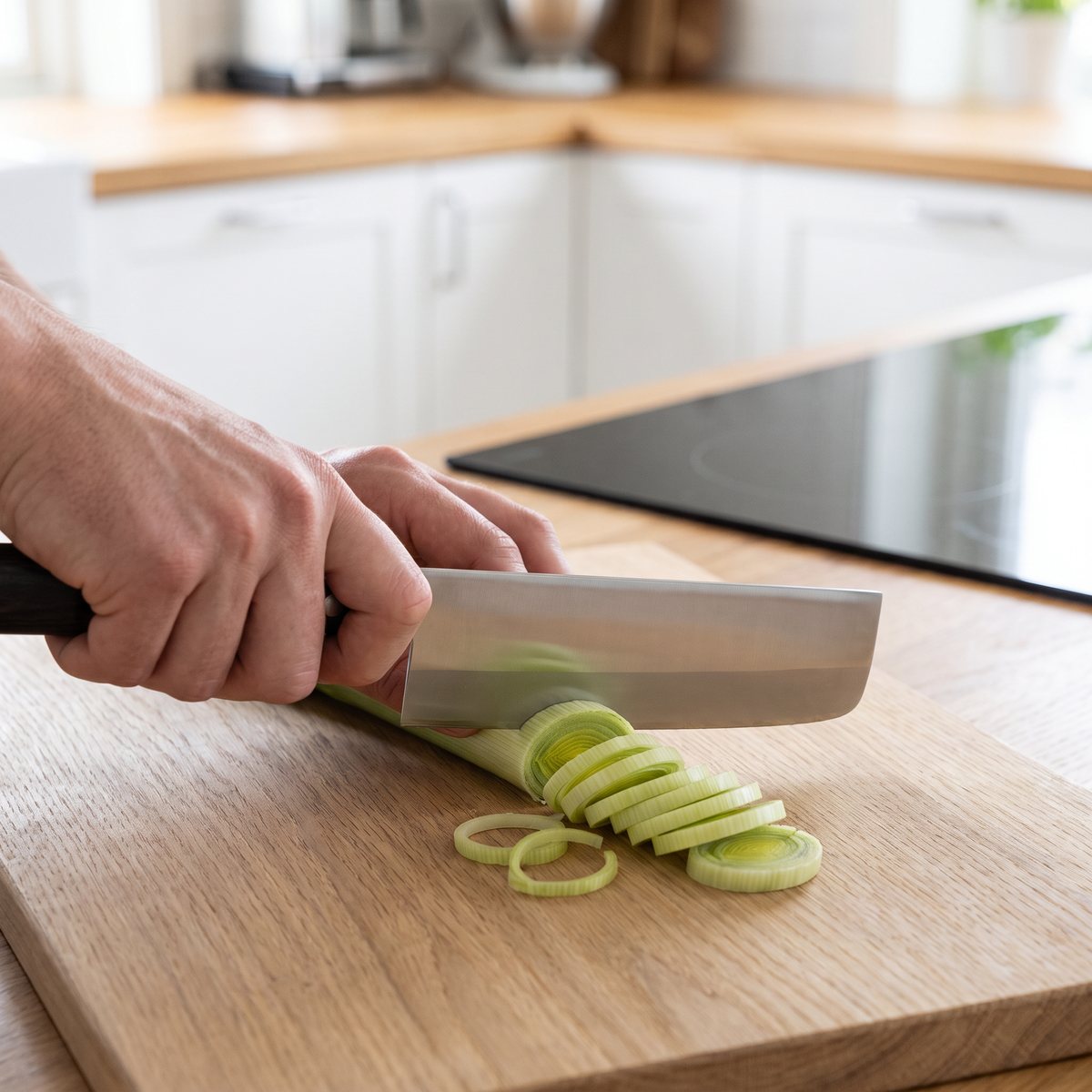 MAC Chef Nakiri med rakt stålblad och mörkt trähandtag skär purjolök i ringar på en ekskärbräda i ett ljust svenskt kök med induktionshäll