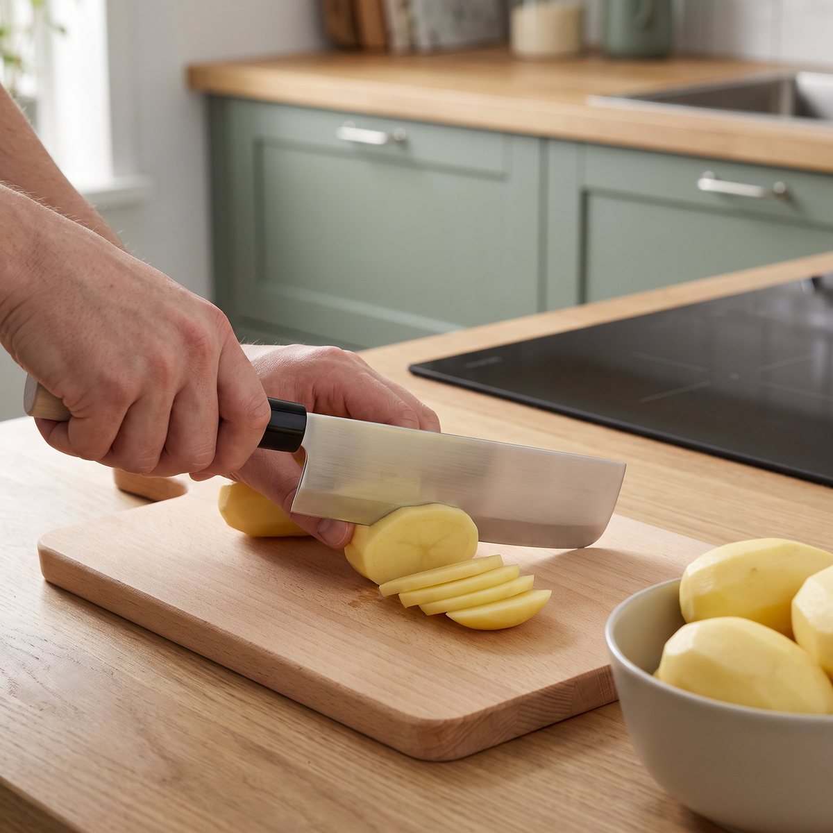 Satake Houcho Grönsakshacka med rektangulärt stålblad och ljust magnoliahandtag skivar skalad potatis på en träskärbräda i ett svenskt kök med gröna luckor