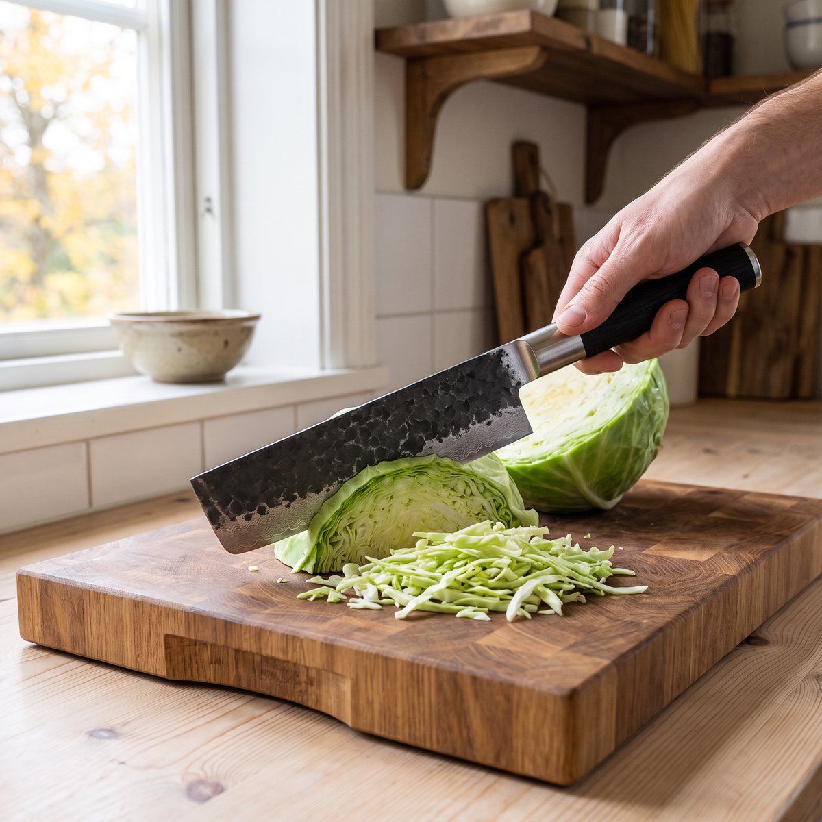 Satake Kuro Nakiri med mörkt hamrat damaskusblad och långt handtag av bränt trä delar ett vitkålshuvud på en stor träskärbräda i ett svenskt kök