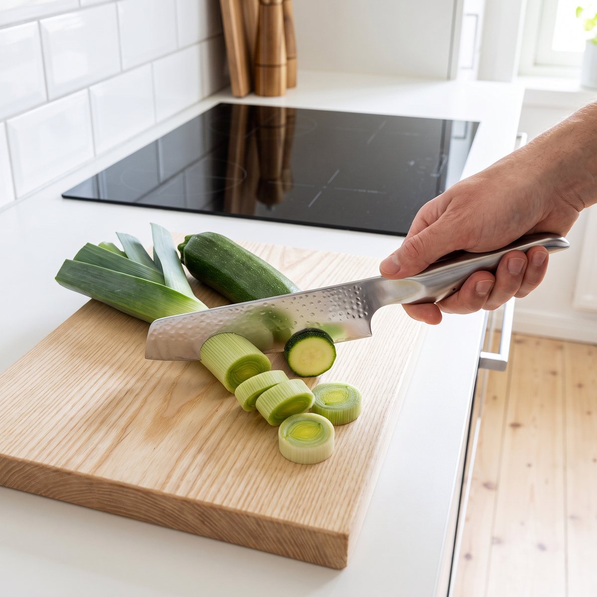 Global SAI-M06 grönsakshacka skivar purjolök och zucchini på en ljus bräda i ett ljust svenskt hemkök