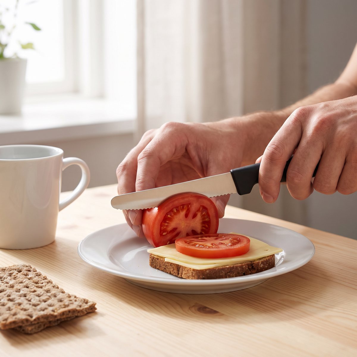 Fiskars Hard Edge tandad kniv skär tomat till en frukostmacka vid ett svenskt frukostbord