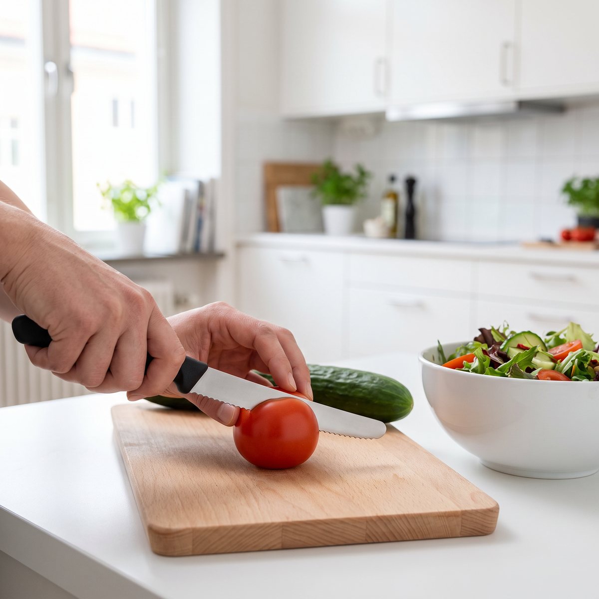Victorinox Swiss Classic skär tomat på en skärbräda i bok bredvid sallad i ett ljust svenskt kök