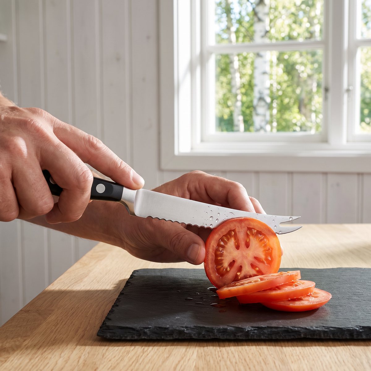 Wüsthof Classic tomatkniv med gaffelspets skär tomatskivor på skiffer i ett svenskt sommarhus