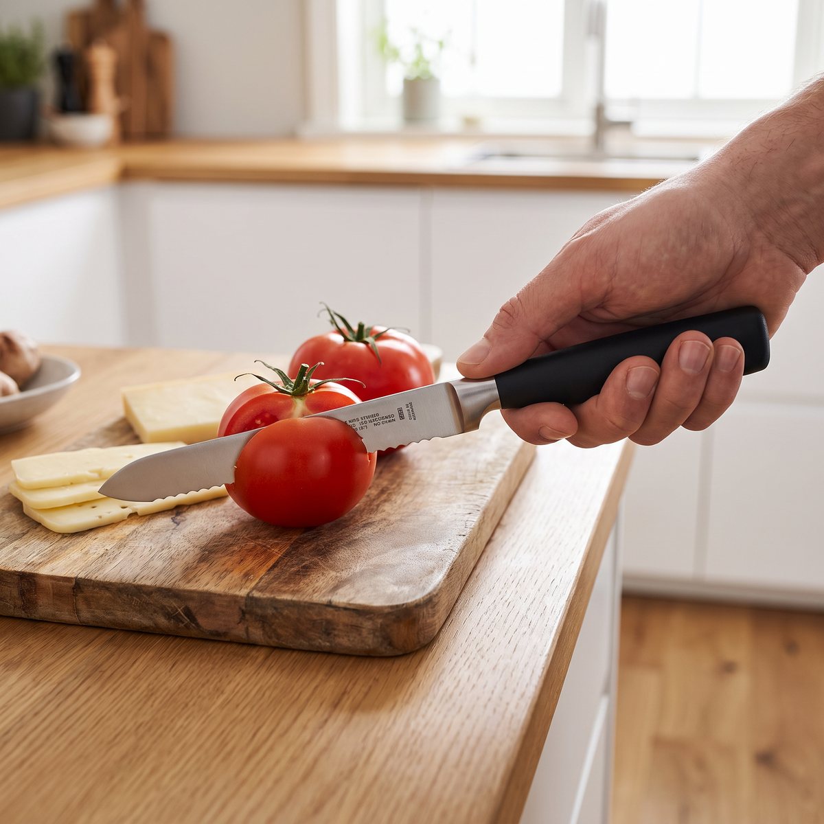 Zwilling Four Star universalkniv skär tomat och ost på en träbräda i ett svenskt kök