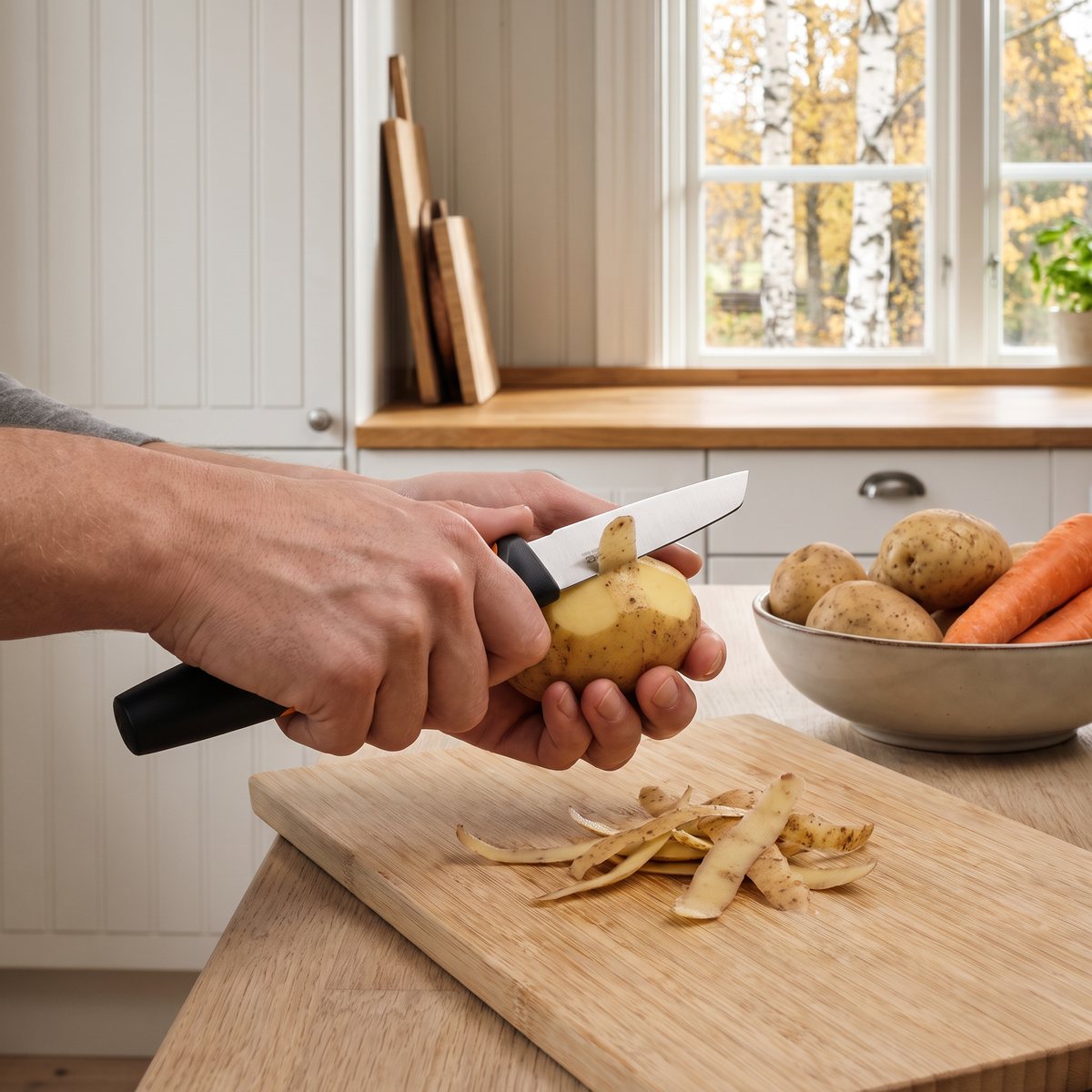 Fiskars Functional Form skalkniv med svart handtag skalar en potatis över en skärbräda i ett svenskt kök