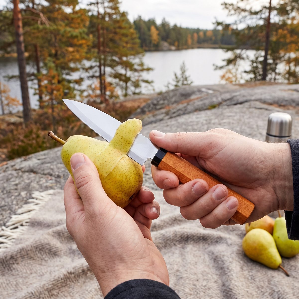 Kai fruktkniv med handtag i körsbärsträ skalar ett päron på en filt på klipphällen vid en svensk skogssjö