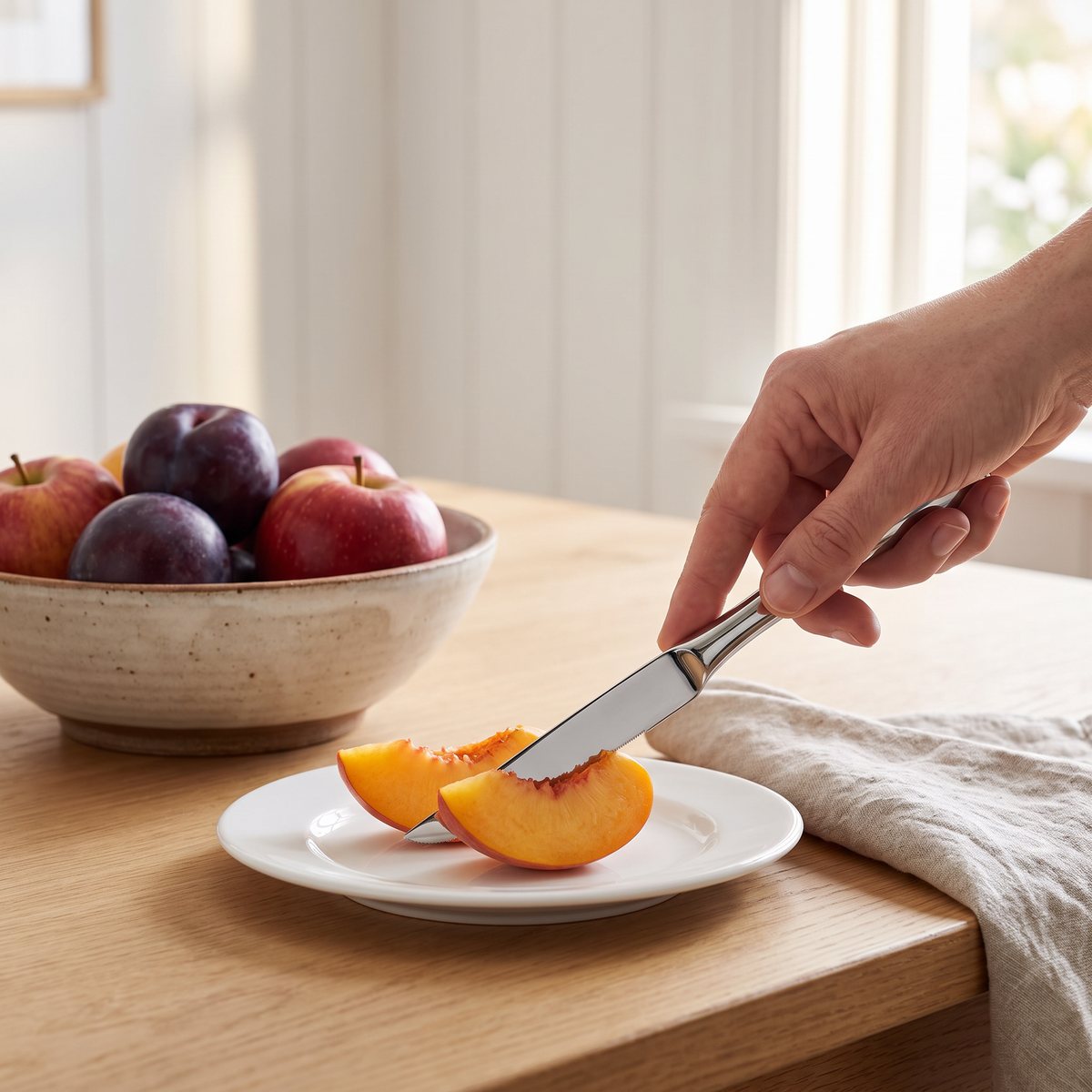 Robert Welch Radford fruktkniv skär en persikoklyfta på en assiett bredvid en fruktskål på ett ekbord