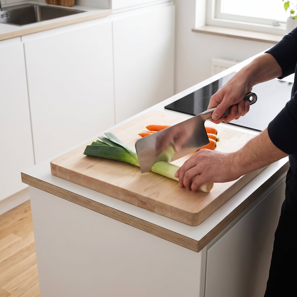 Fiskars hackkniv i rostfritt stål som hackar purjolök och morötter på en björkskärbräda i ett svenskt kök med induktionshäll
