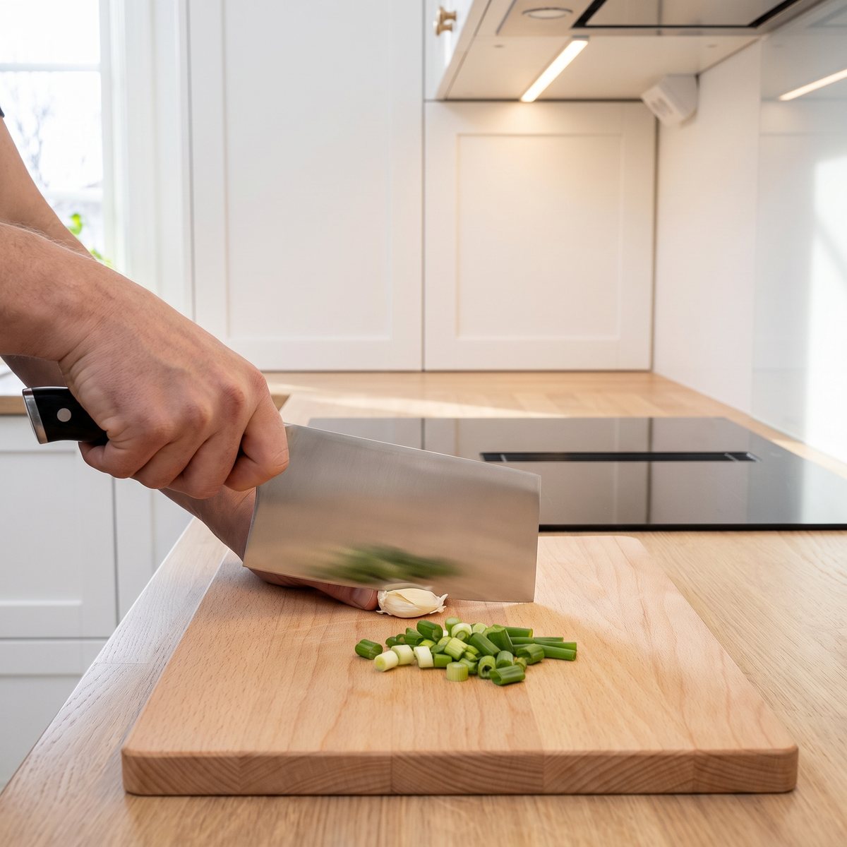 Mareld hackkniv med svart handtag som hackar vårlök och vitlök på en skärbräda i ett svenskt kök med induktionshäll