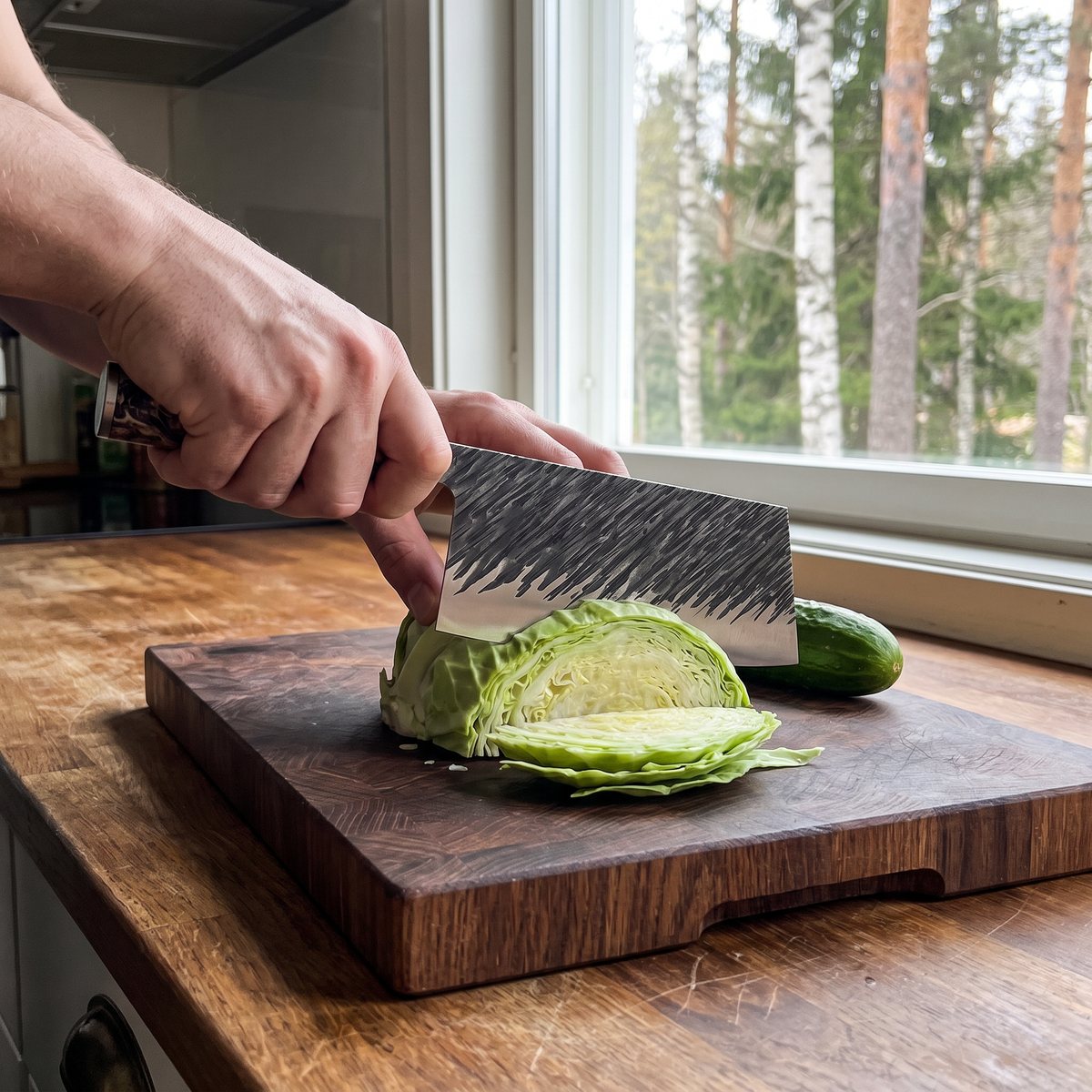 Satake Ame kinesisk kockkniv med handsmidd klinga och handtag i masurbjörk som skär vitkål på en skärbräda i en svensk stuga