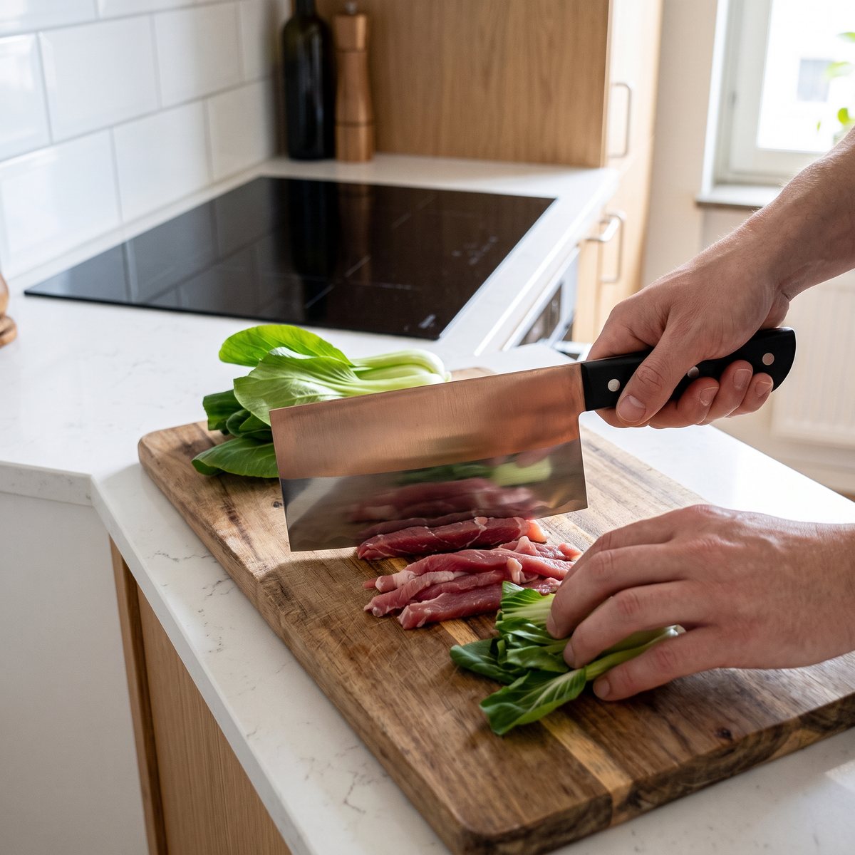 Satake kinesisk kockkniv med svart handtag som skär tunna strimlor av fläskkött och pak choi i ett svenskt kök