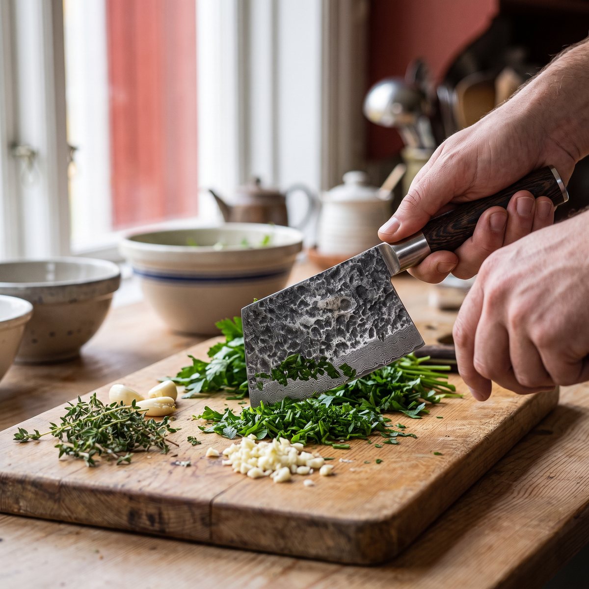 Satake Kuro Sakata hackkniv med hamrad klinga och träskaft som hackar örter och vitlök på ett köksbord i en svensk stuga