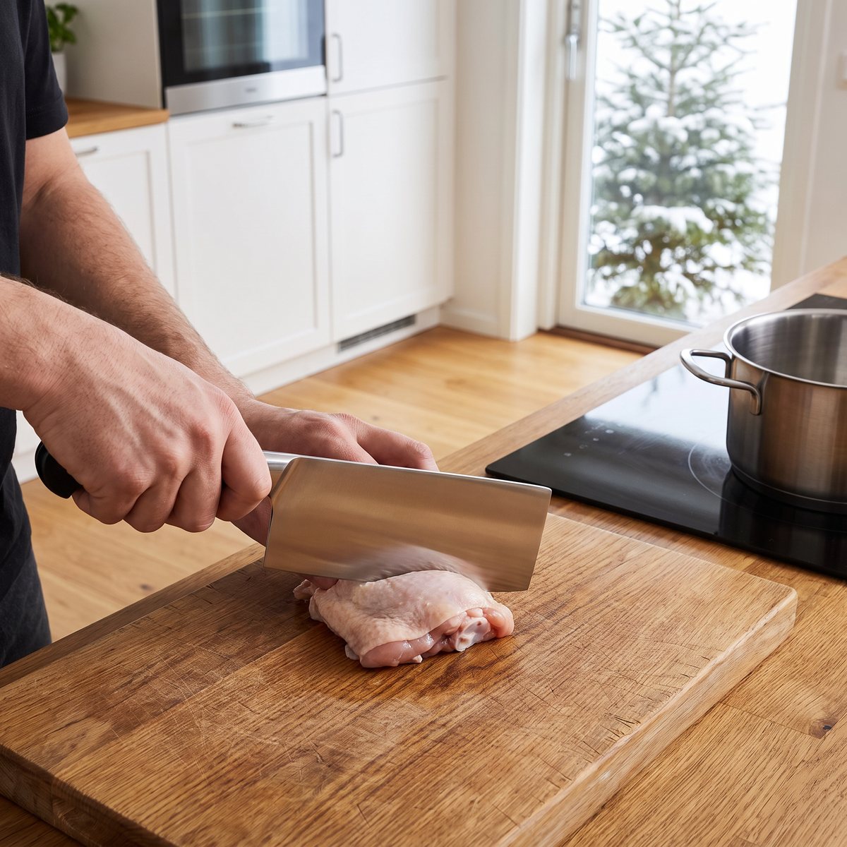 Zwilling Pro kinesisk kockkniv som delar kycklingbitar på en stor skärbräda i ett svenskt kök med induktionshäll